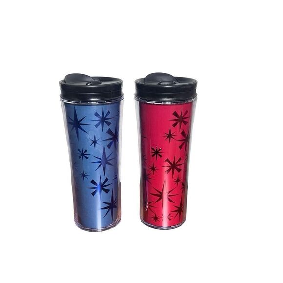 Starbucks Set of 2 Snowflake 2011 Holiday Travel Mugs Red Blue Tumblers - Picture 2 of 4